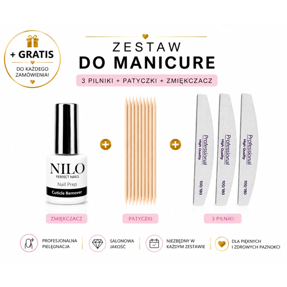 Zestaw do manicure – zmiękczacz skórek, 10 patyczków i 3 pilniki 100/180